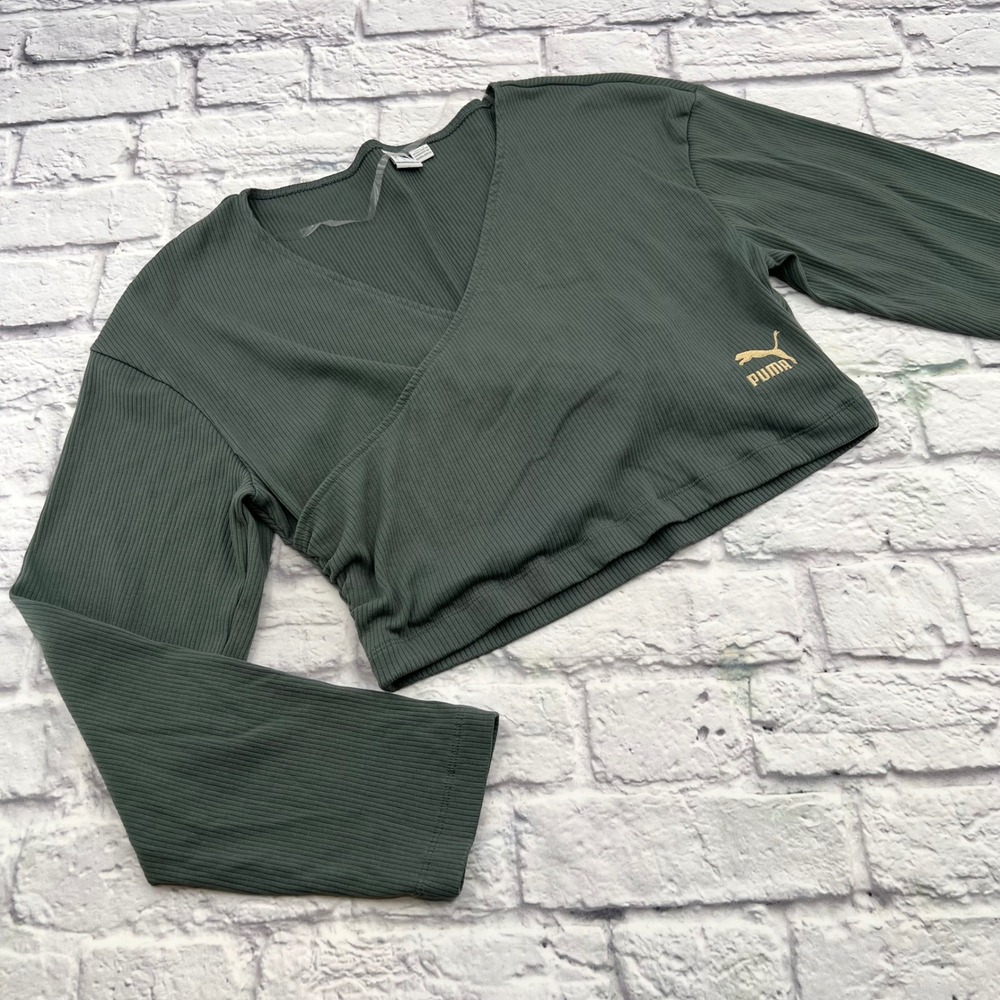 Puma Womens Ribbed Crop Wrap Shirt Olive Green Long Sleeve Gold Logo Large